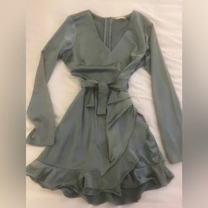 Long Sleeve V-Neck Silk Mini Dress in the Color Sage